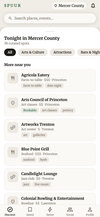 Spuur Discover screen showing tonight's picks in Mercer County
